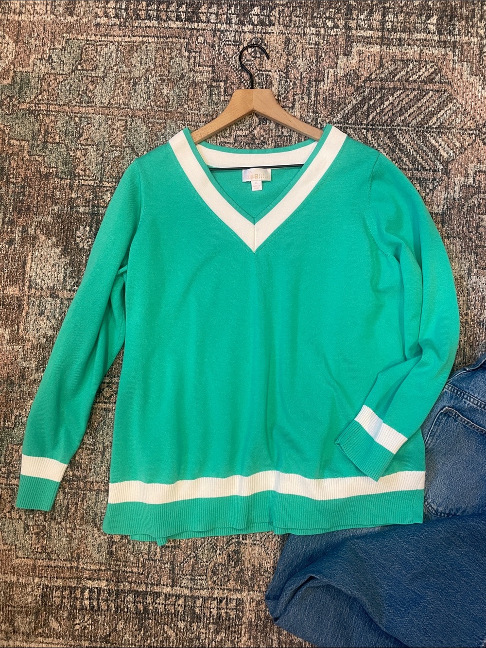 Belle Kim Gravel Green White Varsity Stripe Sweater XL Preppy